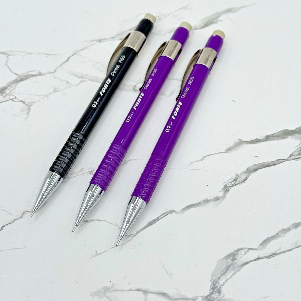 3 Pentel Forte A55 0.5 mm Blue Mechanical Pencils Vintage Japan Lot Purple Black